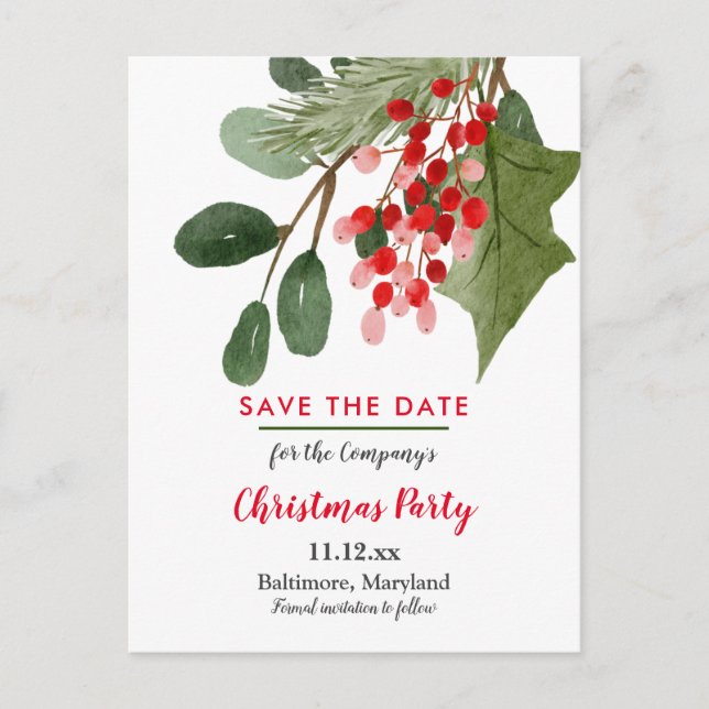 Christmas | Holly Leaved Red Berry Holiday Party Ankündigungspostkarte (Vorderseite)