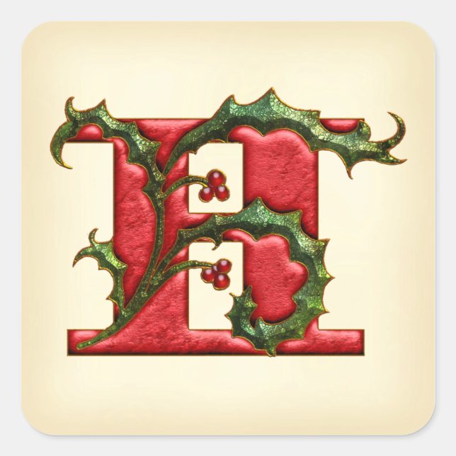 Christmas Holly Monogram H Umschlag Aufkleber (Vorderseite)