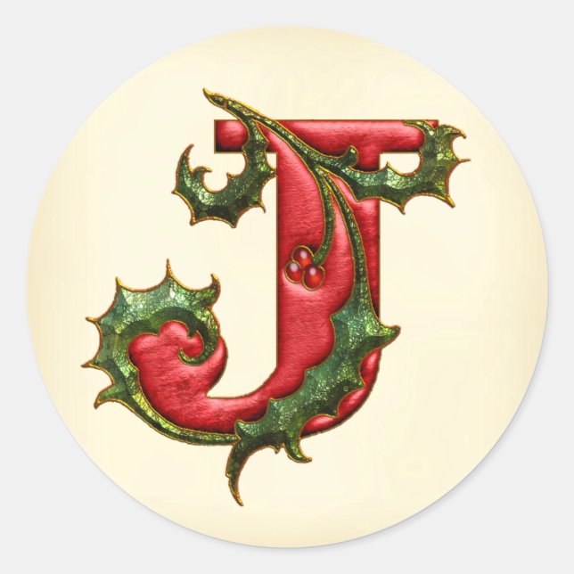 Christmas Holly Monogram J Umschlag Aufklebers Runder Aufkleber (Vorderseite)