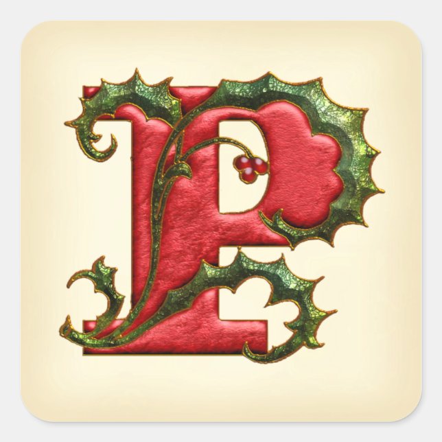 Christmas Holly Monogram P-Umschlag Aufkleber (Vorderseite)