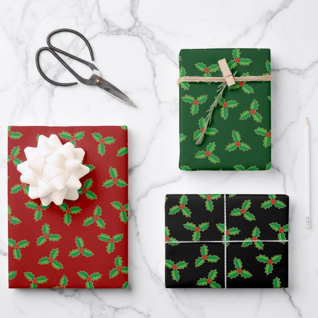 Christmas Holly Pattern Geschenkpapier Set (Vorderseite)