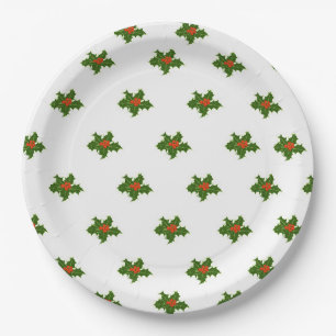 Christmas Holly Pattern Red Berries Green Blätter Pappteller