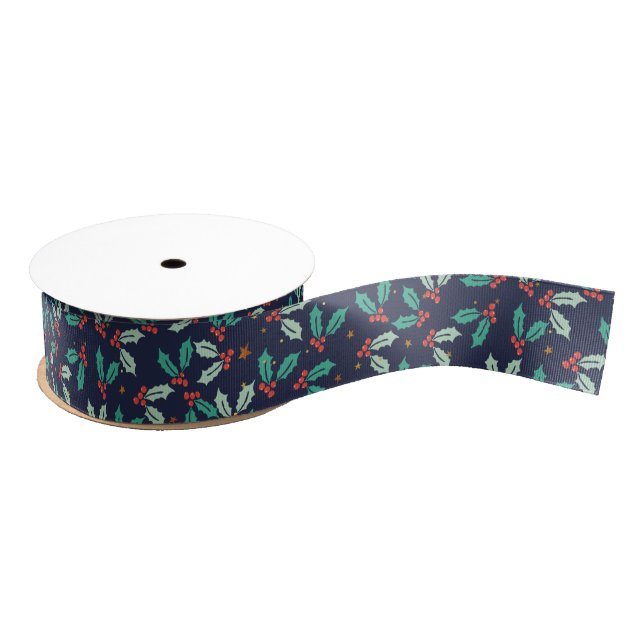 Christmas Holly Pattern Ripsband (Spule)