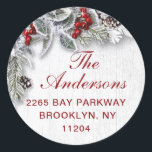 Christmas Holly Pine Rustic Return Address ETIKETT Runder Aufkleber<br><div class="desc">Weihnachten Holly Pine Rustic Holiday Rücksendeadresse Classic Round Sticker.</div>