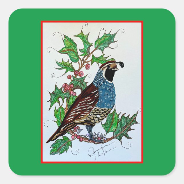 Christmas Holly Quail Quadratischer Aufkleber (Vorderseite)