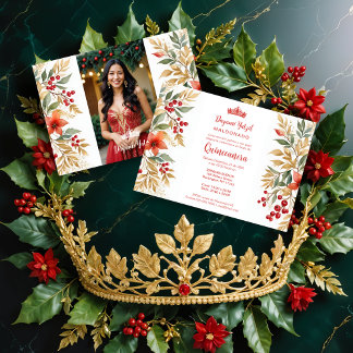 Christmas Holly Sweet Floral Spanish Photo Mis XV Einladung