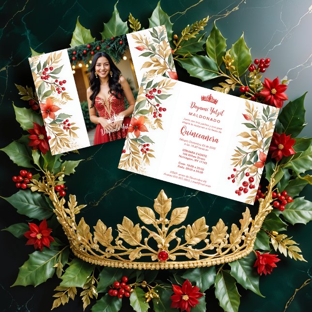 Christmas Holly Sweet Floral Spanish Photo Mis XV Einladung (Christmas Inspirations Holly Sweet Floral Spanish Photo Mis XV Invitations Cards. )