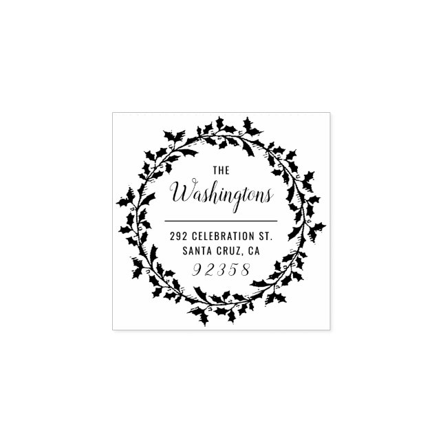 Christmas Holly Wreath Familienname Rücksendeadres Gummistempel (Prägung)