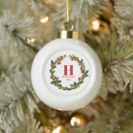 Christmas Holly Wreath Personalisiert Monogram Keramik Kugel-Ornament