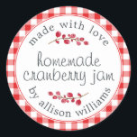 Christmas Homemade Cranberry Jam Bright Red Karo Runder Aufkleber<br><div class="desc">Rustikale und moderne hausgemachte Weihnachtskonservenkonserven aus Cranberry-Marmelade mit dem Text aus Liebe, hausgemachte Cranberry-Konfitüre und Ihr Name in modernem Drehbuch auf einem hellroten Karo-Hintergrund mit einer stilvollen Touch von Cranberries. Fügen Sie dem Label einfach Ihren Namen und den Produktnamen hinzu. Exklusiv für Sie entworfen von Happy Dolphin Studio. Wenn Sie...</div>