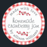 Christmas Homemade Cranberry Jam Bright Red Karo Runder Aufkleber<br><div class="desc">Rustikale und moderne hausgemachte Weihnachtskonservenkonserven aus Cranberry-Marmelade mit dem Text aus Liebe, hausgemachte Cranberry-Konfitüre und Ihr Name in modernem Drehbuch auf einem hellroten Karo-Hintergrund mit einer stilvollen Touch von Cranberries. Fügen Sie dem Label einfach Ihren Namen und den Produktnamen hinzu. Exklusiv für Sie entworfen von Happy Dolphin Studio. Wenn Sie...</div>
