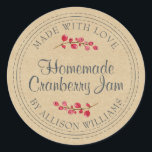 Christmas Homemade Cranberry Jam Kraft Papier Runder Aufkleber<br><div class="desc">Rustikale und moderne hausgemachte Weihnachtskonserven aus Cranberry-Marmelade mit dem Text aus Liebe, hausgemachte Cranberry-Konfitüre und Ihr Name in modernem Drehbuch auf einem Kraftpapier-Hintergrund mit einer stilvollen Touch von Cranberries. Fügen Sie dem Label einfach Ihren Namen und den Produktnamen hinzu. Exklusiv für Sie entworfen von Happy Dolphin Studio. Wenn Sie Hilfe...</div>