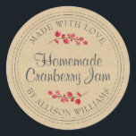 Christmas Homemade Cranberry Jam Kraft Papier Runder Aufkleber<br><div class="desc">Rustikale und moderne hausgemachte Weihnachtskonserven aus Cranberry-Marmelade mit dem Text aus Liebe, hausgemachte Cranberry-Konfitüre und Ihr Name in modernem Drehbuch auf einem Kraftpapier-Hintergrund mit einer stilvollen Touch von Cranberries. Fügen Sie dem Label einfach Ihren Namen und den Produktnamen hinzu. Exklusiv für Sie entworfen von Happy Dolphin Studio. Wenn Sie Hilfe...</div>