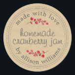 Christmas Homemade Cranberry Jam Kraft Papier Runder Aufkleber<br><div class="desc">Rustikale und moderne hausgemachte Weihnachtskonserven aus Cranberry-Marmelade mit dem Text aus Liebe, hausgemachte Cranberry-Konfitüre und Ihr Name in modernem Drehbuch auf einem Kraftpapier-Hintergrund mit einer stilvollen Touch von Cranberries. Fügen Sie dem Label einfach Ihren Namen und den Produktnamen hinzu. Exklusiv für Sie entworfen von Happy Dolphin Studio. Wenn Sie Hilfe...</div>