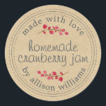 Christmas Homemade Cranberry Jam Kraft Papier Runder Aufkleber<br><div class="desc">Rustikale und moderne hausgemachte Weihnachtskonserven aus Cranberry-Marmelade mit dem Text aus Liebe, hausgemachte Cranberry-Konfitüre und Ihr Name in modernem Drehbuch auf einem Kraftpapier-Hintergrund mit einer stilvollen Touch von Cranberries. Fügen Sie dem Label einfach Ihren Namen und den Produktnamen hinzu. Exklusiv für Sie entworfen von Happy Dolphin Studio. Wenn Sie Hilfe...</div>