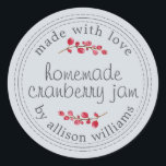 Christmas Homemade Cranberry Jam Pastel Blue Runder Aufkleber<br><div class="desc">Rustikale und moderne hausgemachte Weihnachtskonserven mit Cranberry-Marmelade-Aufkleber mit Liebe, hausgemachtem Cranberry-Konfitüre und Ihr Name in modernem Drehbuch auf pastellblauem Hintergrund mit einer stilvollen Touch von Cranberries. Fügen Sie dem Label einfach Ihren Namen und den Produktnamen hinzu. Exklusiv für Sie entworfen von Happy Dolphin Studio. Wenn Sie Hilfe oder passende Produkte...</div>