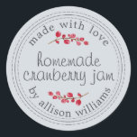 Christmas Homemade Cranberry Jam Pastel Blue Runder Aufkleber<br><div class="desc">Rustikale und moderne hausgemachte Weihnachtskonserven mit Cranberry-Marmelade-Aufkleber mit Liebe, hausgemachtem Cranberry-Konfitüre und Ihr Name in modernem Drehbuch auf pastellblauem Hintergrund mit einer stilvollen Touch von Cranberries. Fügen Sie dem Label einfach Ihren Namen und den Produktnamen hinzu. Exklusiv für Sie entworfen von Happy Dolphin Studio. Wenn Sie Hilfe oder passende Produkte...</div>
