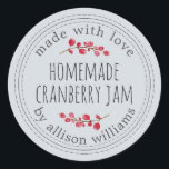 Christmas Homemade Cranberry Jam Pastel Blue Runder Aufkleber<br><div class="desc">Rustikale und moderne hausgemachte Weihnachtskonserven mit Cranberry-Marmelade-Aufkleber mit Liebe, hausgemachtem Cranberry-Konfitüre und Ihrem Namen in modernster Schrift-Typografie auf pastellblauem Hintergrund mit einer stilvollen Touch von Cranberries. Fügen Sie dem Label einfach Ihren Namen und den Produktnamen hinzu. Exklusiv für Sie entworfen von Happy Dolphin Studio. Wenn Sie Hilfe oder passende Produkte...</div>
