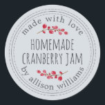 Christmas Homemade Cranberry Jam Pastel Blue Runder Aufkleber<br><div class="desc">Rustikale und moderne hausgemachte Weihnachtskonserven mit Cranberry-Marmelade-Aufkleber mit Liebe, hausgemachtem Cranberry-Konfitüre und Ihrem Namen in modernster Schrift-Typografie auf pastellblauem Hintergrund mit einer stilvollen Touch von Cranberries. Fügen Sie dem Label einfach Ihren Namen und den Produktnamen hinzu. Exklusiv für Sie entworfen von Happy Dolphin Studio. Wenn Sie Hilfe oder passende Produkte...</div>