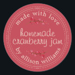Christmas Homemade Cranberry Jam Red Runder Aufkleber<br><div class="desc">Rustikale und moderne hausgemachte Weihnachtskonserven aus Cranberry-Marmelade mit dem Text aus Liebe, hausgemachte Cranberry-Konfitüre und Ihrem Namen in Elfenbein modernes Drehbuch auf einem roten Hintergrund mit einer stilvollen Touch von Cranberries. Fügen Sie dem Label einfach Ihren Namen und den Produktnamen hinzu. Exklusiv für Sie entworfen von Happy Dolphin Studio. Wenn...</div>