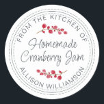 Christmas Homemade Cranberry Jam Runder Aufkleber<br><div class="desc">Rustikale und moderne hausgemachte Weihnachtskonserven mit Cranberry-Marmelade-Aufkleber mit dem Küchentext, hausgemachter Cranberry-Konfitüre und Ihr Name in weißer Schrift-Kalligraphie und moderne Typografie auf weißem Hintergrund mit einer stilvollen Touch von Cranberries. Fügen Sie dem Label einfach Ihren Namen und den Produktnamen hinzu. Exklusiv für Sie entworfen von Happy Dolphin Studio. Wenn Sie...</div>