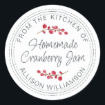 Christmas Homemade Cranberry Jam Runder Aufkleber<br><div class="desc">Rustikale und moderne hausgemachte Weihnachtskonserven mit Cranberry-Marmelade-Aufkleber mit dem Küchentext, hausgemachter Cranberry-Konfitüre und Ihr Name in weißer Schrift-Kalligraphie und moderne Typografie auf weißem Hintergrund mit einer stilvollen Touch von Cranberries. Fügen Sie dem Label einfach Ihren Namen und den Produktnamen hinzu. Exklusiv für Sie entworfen von Happy Dolphin Studio. Wenn Sie...</div>