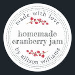 Christmas Homemade Cranberry Jam Runder Aufkleber<br><div class="desc">Rustikale und moderne hausgemachte Weihnachtskonserven aus Cranberry-Marmelade mit dem Text aus Liebe, hausgemachte Cranberry-Konfitüre und Ihr Name in modernem Drehbuch auf einem weißen Hintergrund mit einer stilvollen Touch von Cranberries. Fügen Sie dem Label einfach Ihren Namen und den Produktnamen hinzu. Exklusiv für Sie entworfen von Happy Dolphin Studio. Wenn Sie...</div>