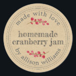 Christmas Homemade Cranberry Jam Runder Aufkleber<br><div class="desc">Rustikale und moderne hausgemachte Weihnachtskonserven aus Cranberry-Marmelade mit dem Text aus Liebe, hausgemachte Cranberry-Konfitüre und Ihr Name in modernem Drehbuch auf einem Kraftpapier-Hintergrund mit einer stilvollen Touch von Cranberries. Fügen Sie dem Label einfach Ihren Namen und den Produktnamen hinzu. Exklusiv für Sie entworfen von Happy Dolphin Studio. Wenn Sie Hilfe...</div>