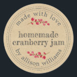 Christmas Homemade Cranberry Jam Runder Aufkleber<br><div class="desc">Rustikale und moderne hausgemachte Weihnachtskonserven aus Cranberry-Marmelade mit dem Text aus Liebe, hausgemachte Cranberry-Konfitüre und Ihr Name in modernem Drehbuch auf einem Kraftpapier-Hintergrund mit einer stilvollen Touch von Cranberries. Fügen Sie dem Label einfach Ihren Namen und den Produktnamen hinzu. Exklusiv für Sie entworfen von Happy Dolphin Studio. Wenn Sie Hilfe...</div>