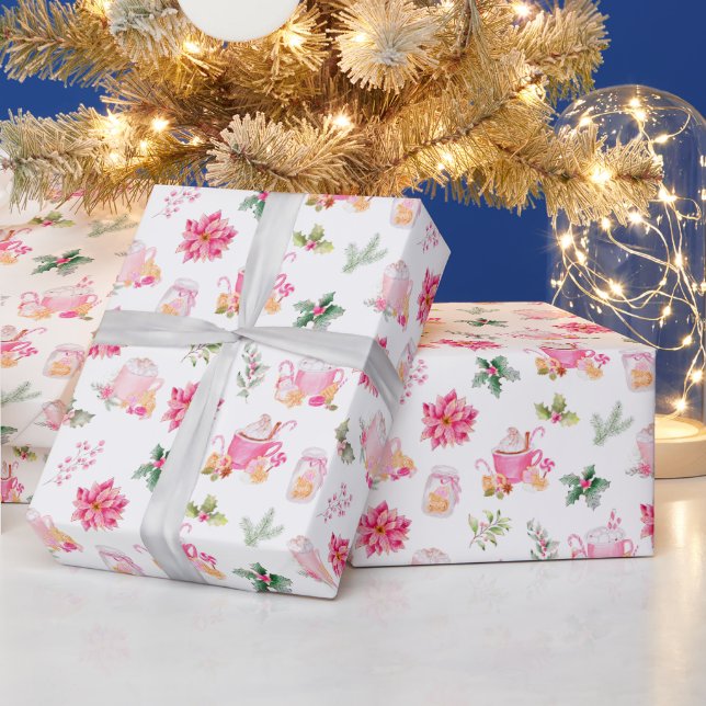 Christmas Hot Cocoa and Pink Poinsettias Geschenkpapier (Feiertage)