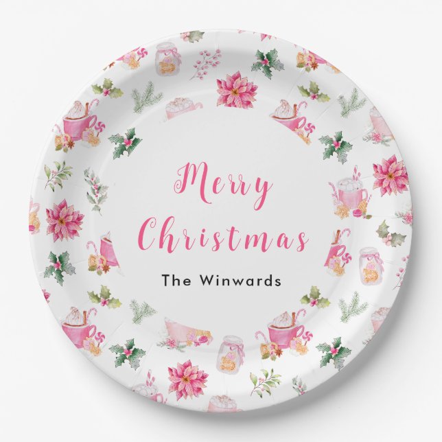 Christmas Hot Cocoa and Pink Poinsettias Pappteller (Vorderseite)