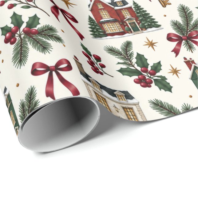 Christmas House Pattern Wrapping Paper Geschenkpapier (Rolleneckpunkt)