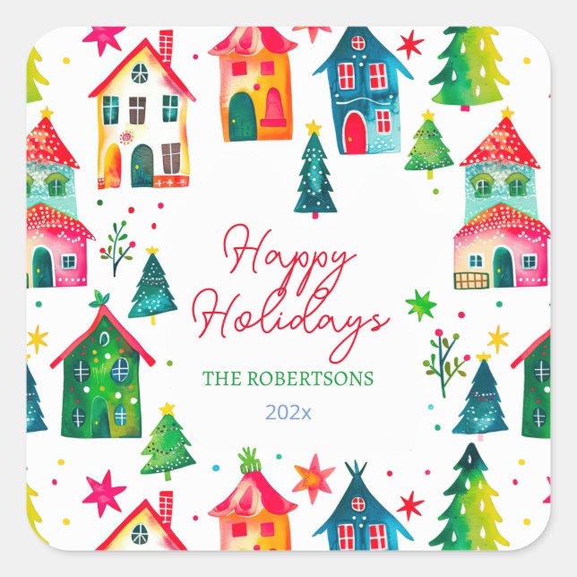 Christmas Houses Happy Holidays Quadratischer Aufkleber (Vorderseite)