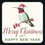 Christmas Hummingbird Square Sticker<br><div class="desc">Niedlicher Weihnachtsaufkleber mit einem rubingewirbelten Kolibri.</div>