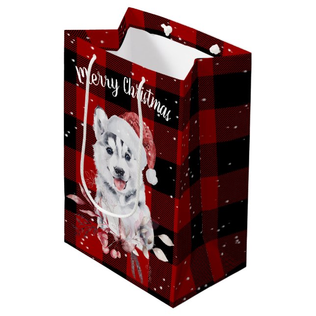 Christmas Husky auf Buffalo Kariert Mittlere Geschenktüte (Vorderseite Schrägansicht)