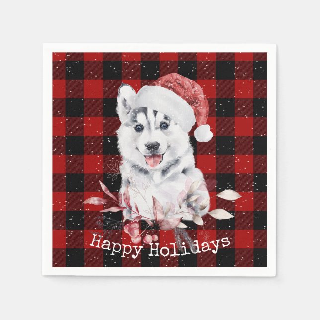 Christmas Husky auf Buffalo Kariert Napkins Serviette (Vorderseite)