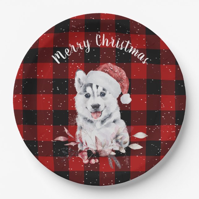 Christmas Husky auf Buffalo Kariert Pappteller (Vorderseite)