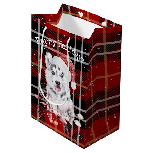 Christmas Husky auf Buffalo Karierte mittelgroße G Mittlere Geschenktüte (Vorderseite Schrägansicht)