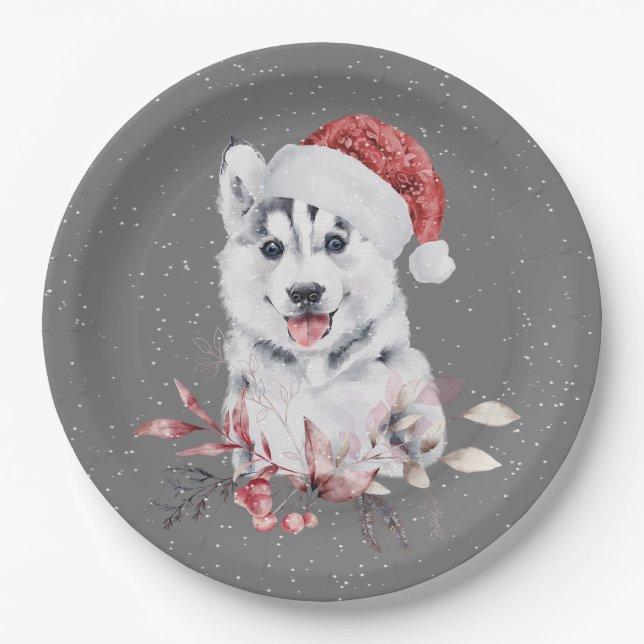 Christmas Husky auf Grau Pappteller (Vorderseite)