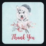 Christmas Husky Dog in einer Weihnachtsmannmütze D Quadratischer Aufkleber<br><div class="desc">Vielen Dank,  dass Sie Aufkleber mit einem whimsikalen und niedlichen Aquarellbild eines Husky-Hundes mit einer blauen Weihnachtsmannmütze tragen.</div>