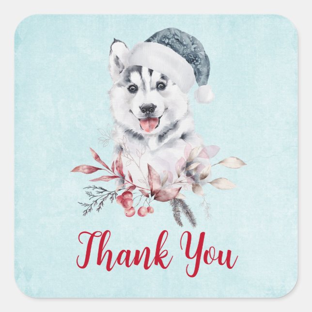 Christmas Husky Dog in einer Weihnachtsmannmütze D Quadratischer Aufkleber (Vorderseite)