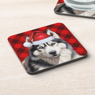 Christmas Husky Dog Red Buffalo Karierter Urlaub Getränkeuntersetzer