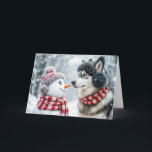Christmas Husky Dog und Snowman Friends Feiertagskarte<br><div class="desc">Ein Husky und ein Schneemann stehen inmitten einer schneebedeckten Landschaft</div>
