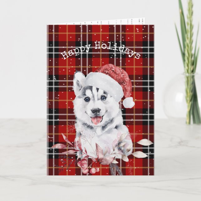 Christmas Husky Sur Carte Tartan Plaid (Devant)
