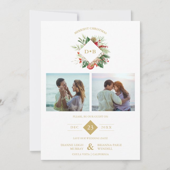 Christmas Initials Floral 2 Photos Collage Fancy Save The Date (Vorderseite)