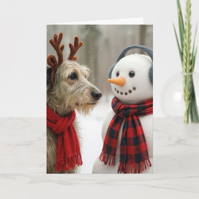 Christmas Irish Wolfhound Gazing at a Cute Snowman Karte (Vorderseite)
