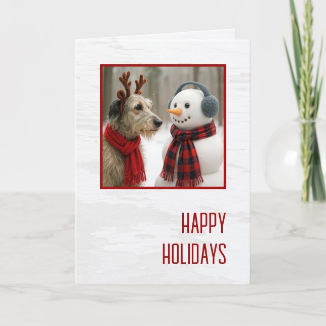 Christmas Irish Wolfhound Gazing at a Cute Snowman Karte (Vorderseite)