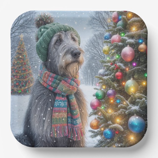 Christmas Irish Wolfhound mit Baum Pappteller (Vorderseite)