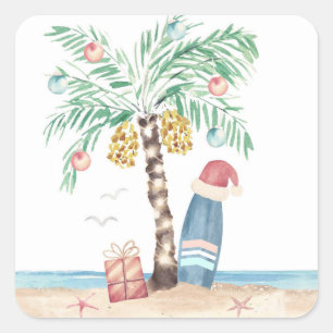Christmas Island Palmen Surf Santa Tropischer Stra Quadratischer Aufkleber