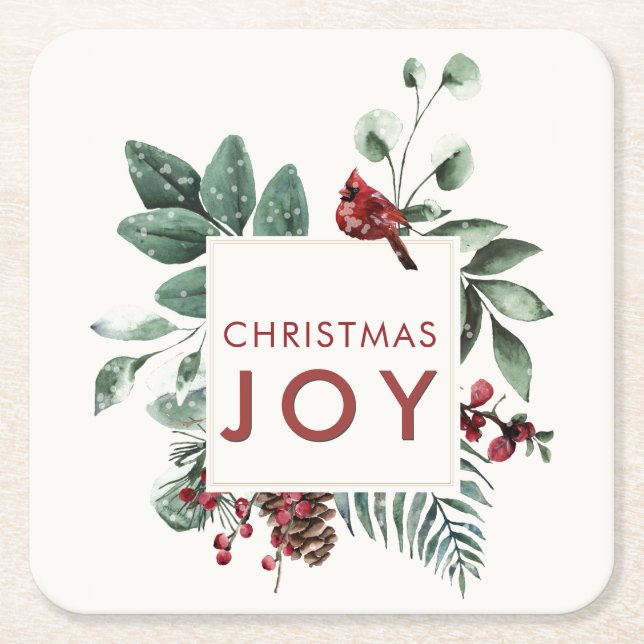 Christmas Joy Kardinal Bird Berries Rechteckiger Pappuntersetzer (Vorderseite)
